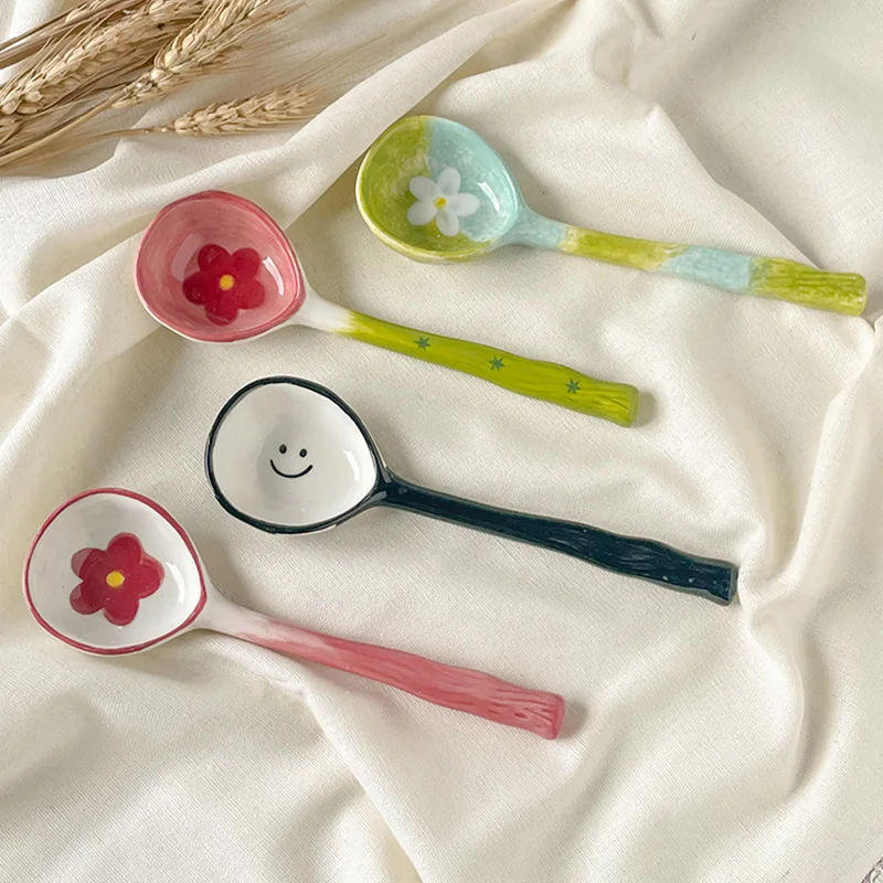 Cute Ceramic Flower Soup Spoon Kawaii Korean Ice Cream Hand Painted Dessert Spoon With Long Handle Kitchen Tableware Accessories