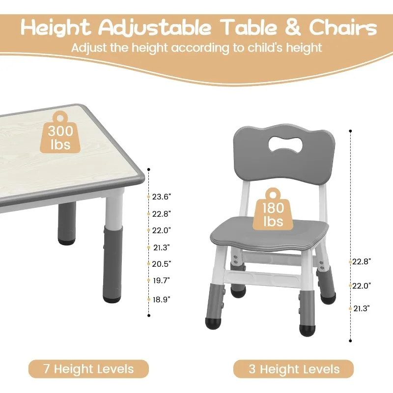GAOMON Kids Table and 6 Chairs Set with Storage Box,Height Adjustable Toddler Table and Chair Set for Ages 2-10,Graffiti Desktop