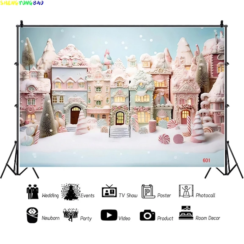 

Vinyl Custom Christmas Tree Window Candy Photography Backdrop Wooden Doors Snowman Cinema Pine New Year Background Prop DT-01