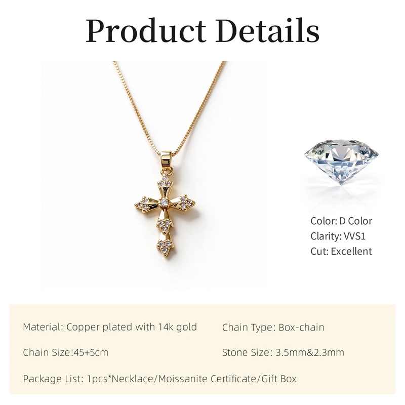 Lnngy Certified 3.5mm&2.3mm Moissanite Necklace Exquisite 14K Gold Filled Cross Pendant Necklace for Women Men Vintage Jewellery
