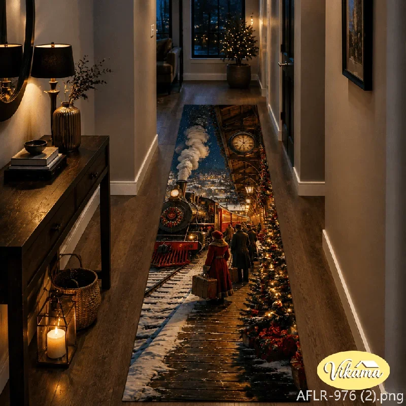 VIKAMA Christmas-Themed Corridor Runner Rug, Retro European Christmas Market Townscape Non-Slip Floor Mat, Entryway Home Decor