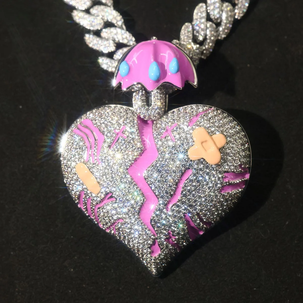 18K Gold Plated Broken Heart Charm Hip Hop Cuban Chain Necklace Iced Out Broken Heart Umbrella Tears Pendant Full Paved CZ For Rapper Street Style Club Party Daily Wear Emotional Statement Accessory Trendy Gift Y2K Sad Healing Heart Bandage Bling Jewelry