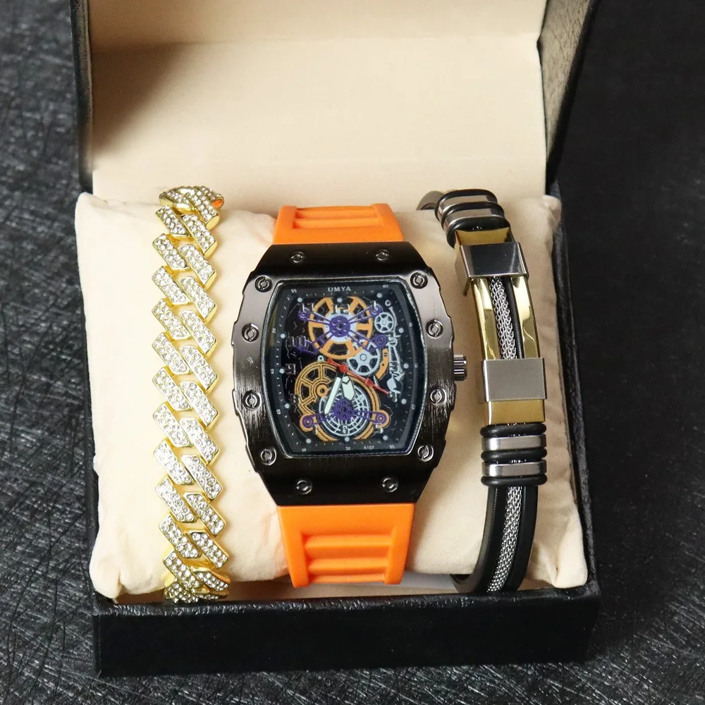 

3 шт. новые спортивные мужские кварцевые часы с кубинской цепочкой, набор браслетов, модный силиконовый ремешок, водонепроницаемые мужские наручные часы montre homme
