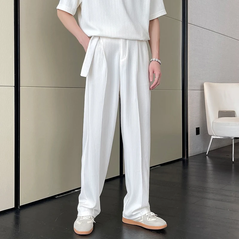 

Летние мужские брюки с широкими штанинами, в полоску, из ледяного шелка, прямого кроя, тонкие, повседневные, струящиеся, простые, свободные, длинные брюки