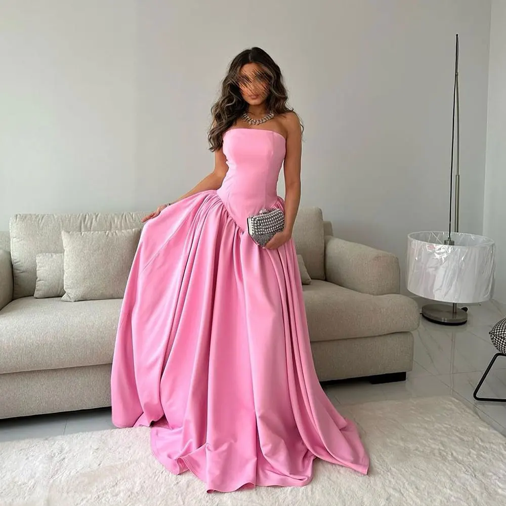 

Prom Gown Jersey Pleat A-Line Strapless Prom Dress Back Zipper Saudi Arabian Women's Sweep Train Dubai Fashion Party Dresses