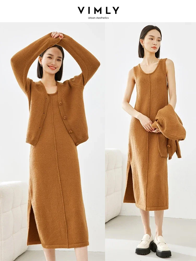 Vimly 2 Piece Knit Sweater Matching Sets 2023 Winter Outfit Knitted Cardigan Split Midi Sleeveless Dress Elegant Dress Set 16362