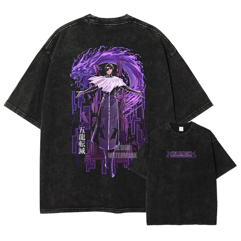 

Футболка оверсайз черная с эффектом кислотной стирки, с принтом Bleach Sōsuke Aizen Purple Dragon, летняя, 2026, аниме, стритвир, графический принт