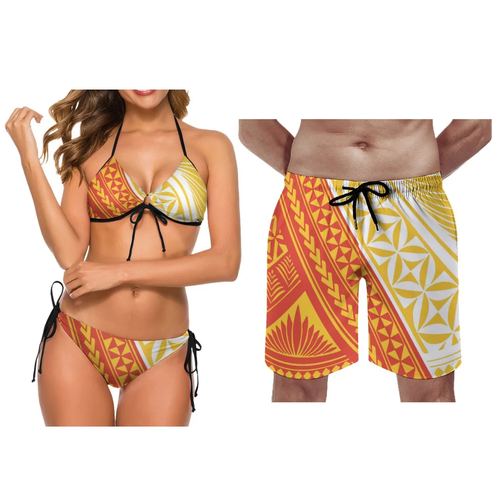 Imposta inclusa Cravatta stampata Colore Coppia Costume da bagno Modello personalizzato Surf Beach Coppia Surf Set Costume da bagno polinesiano Set da due pezzi