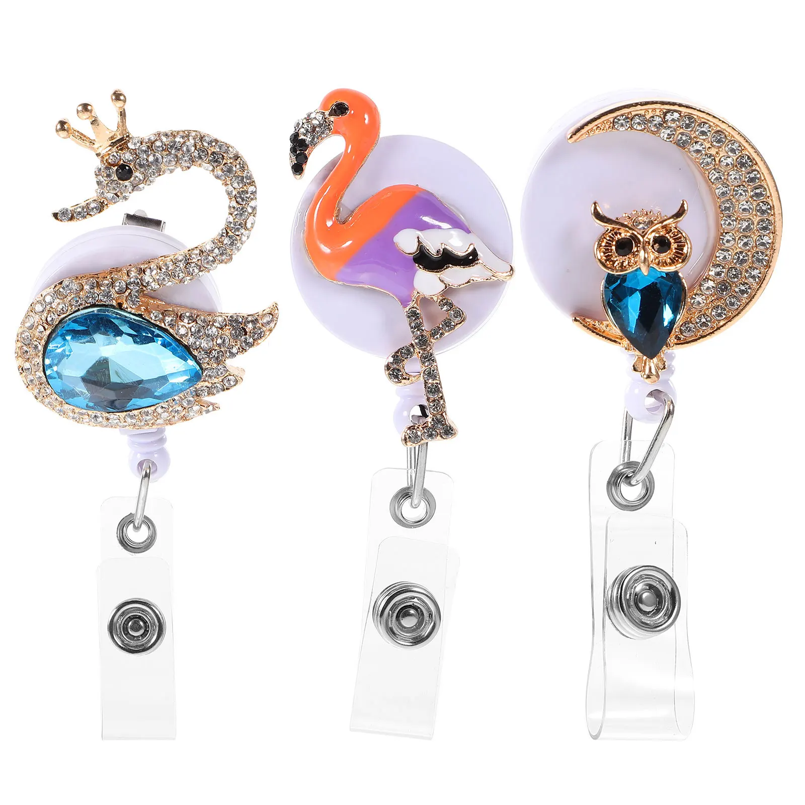 

3 Pcs Retractable Badge Holder Animal Buckle Cute Reel Nurse ID Card Holder Chest Lanyard Accessory Moon Owl Flamingo