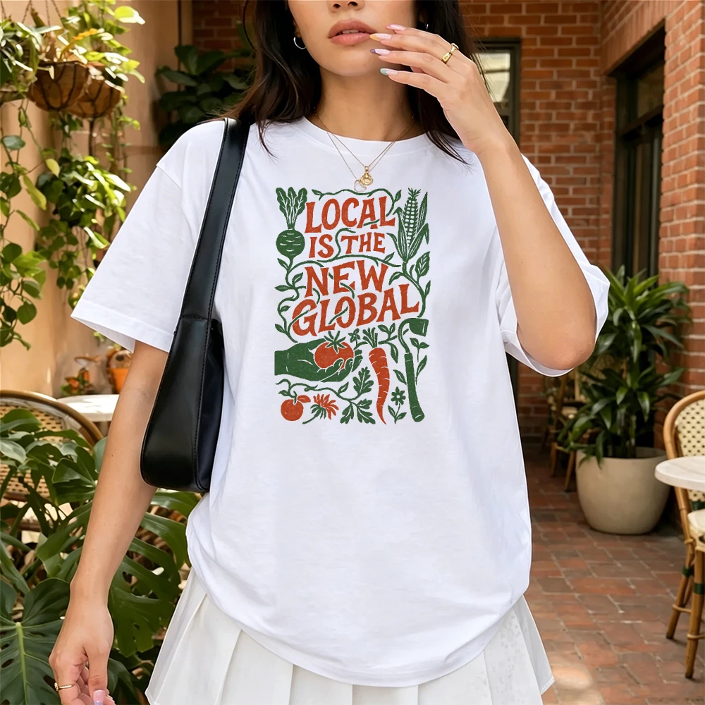 Local Is The New Global Vegetable Garden Linocut Art Women Summer T Shirt Farmers Market Sustainable Farm Fresh Casual Tops