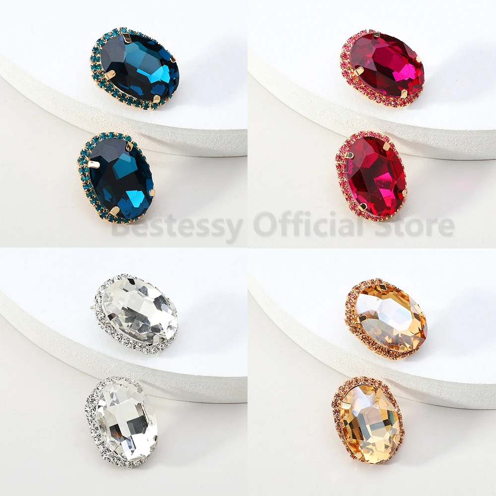 Hot Pink Big Rhinestone Decor Earrings For Women Unusual Design Oval Luxury Piercing Ear Studs Trendy Party Prom Vintage Jewelry