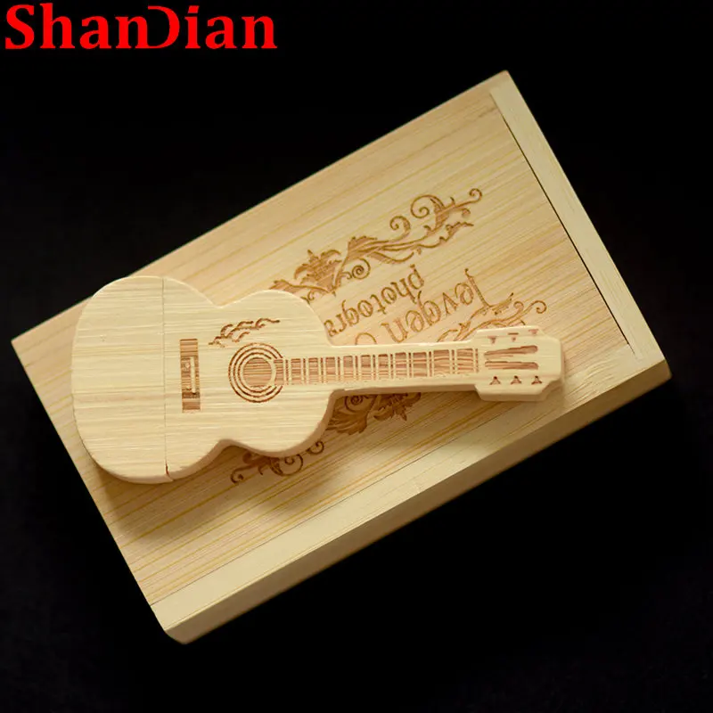 SHANDIAN Wooden BOX Guitar 64GB USB Flash Drive Wedding Gifts 32GB Pendrive Free Custom LOGO Memory Stick Maple 2.0 16GB U Disk