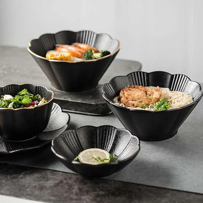 Black Retro Matte Salad Bowl Creative Ramen Bowl Household Dessert Bowl Trendy Tableware Set