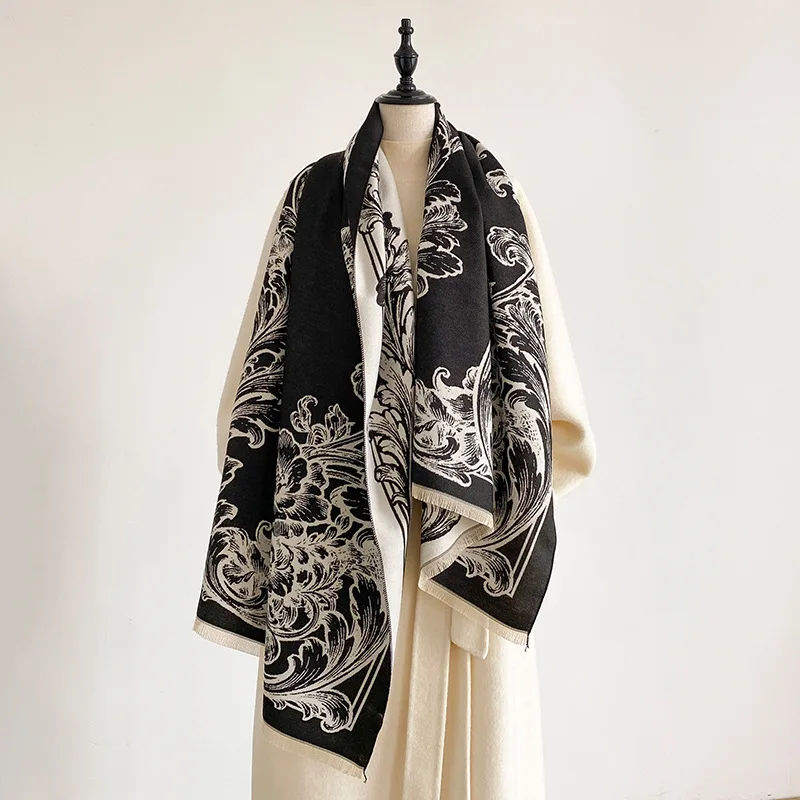 Scarf Women Baroque Scroll Pattern Double Sided Cashmere Feel Shawl Tassel Autumn Winter Thick Jacquard Wrap Poncho