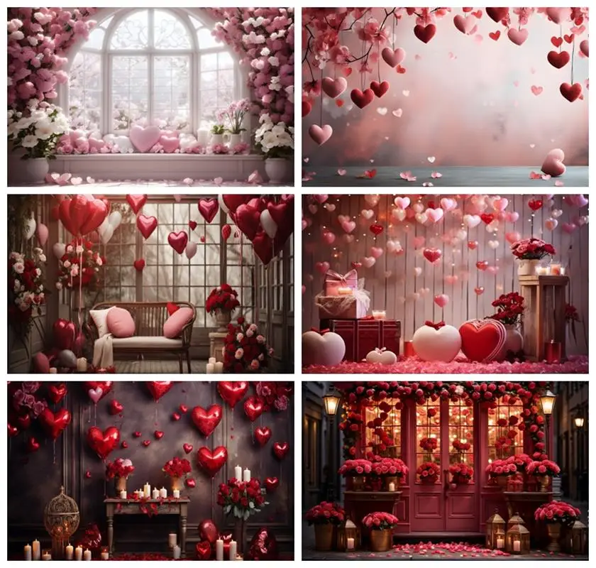 

Laeacco Romantic Valentine's Day Photography Backdrops Red Heart Pink Sweet Heart Rose Shining Dots Flower Portrait Background