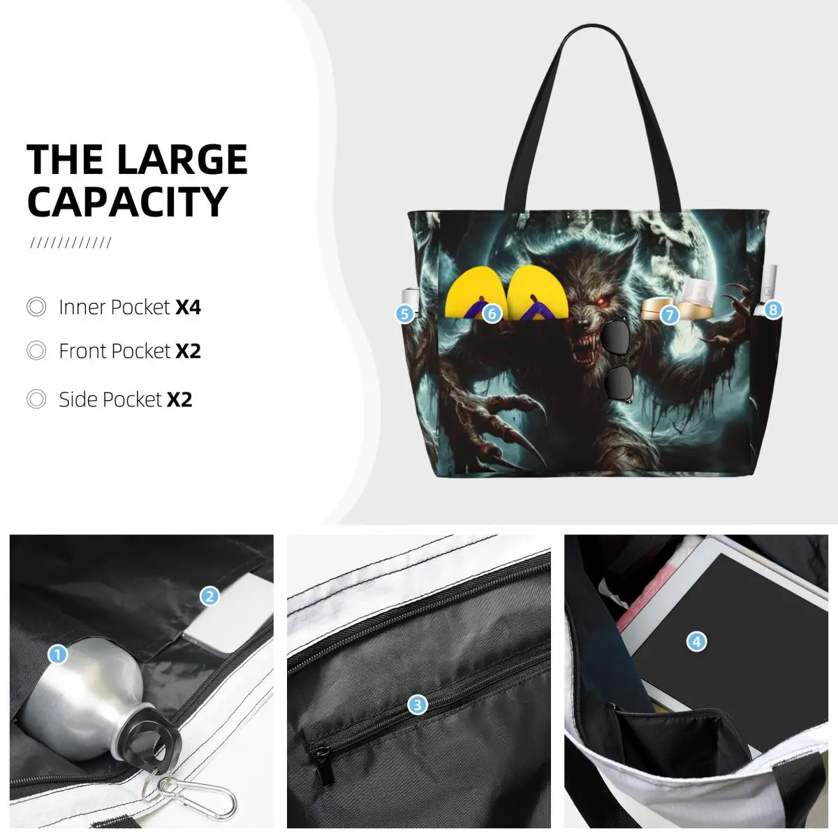 Bolso de mano de hombre lobo en el luz de luna para playa, bolso de mano grande para deporte, gimnasio, Yoga, bolso de viaje para mujer, bolso de Fitness
