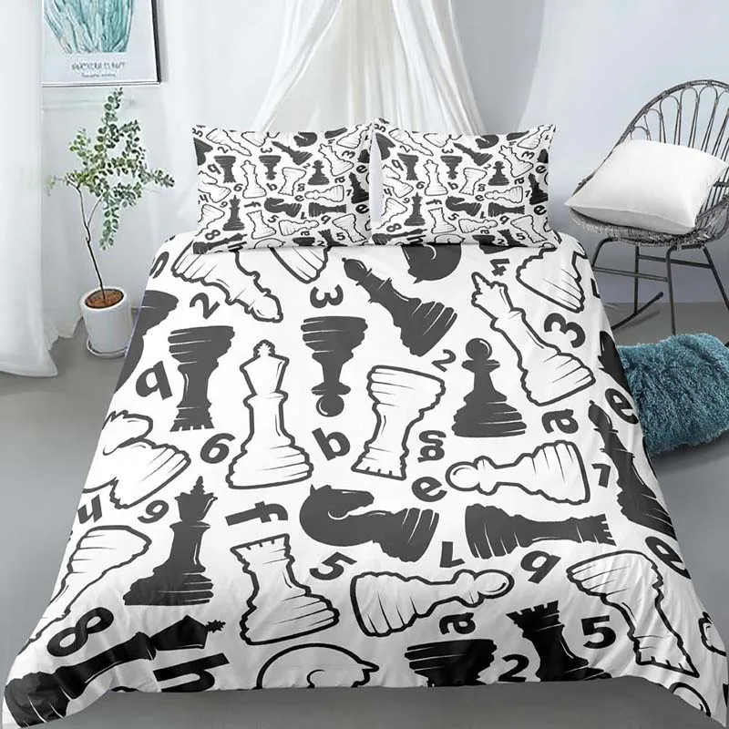 Chess Board Duvet Cover Set 3D Print International Chess Black White Comforter Cover for Kids Boys Girls Polyester Bedding Set