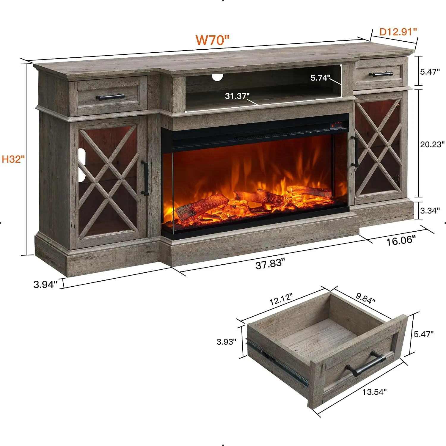 Glass Farmhouse Fireplace TV Stand  Entertainment Center Glass Door Cabinet 70