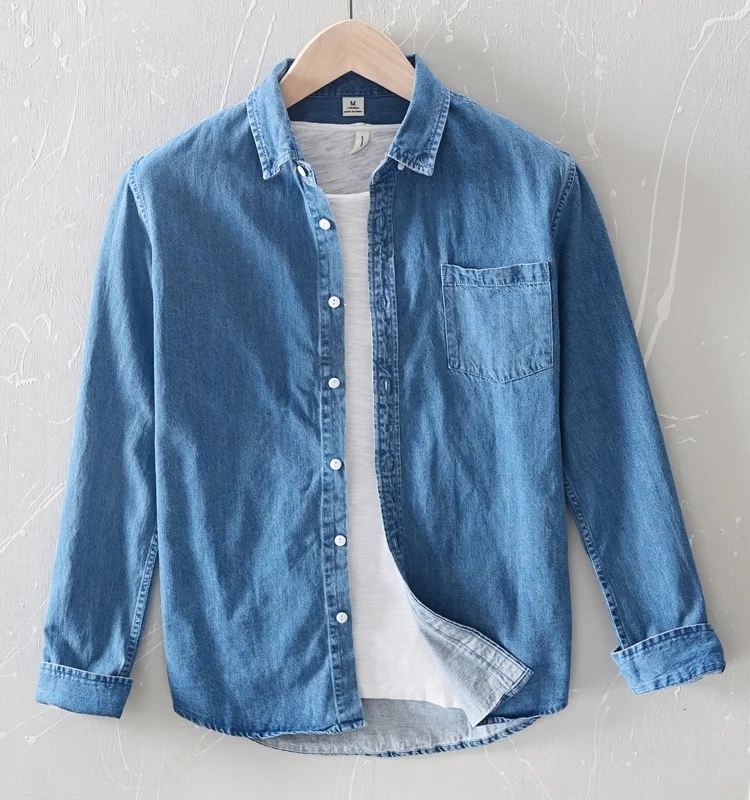 

Men's Denim irt Long Sve Coat Pure Color arp Collar Slim Fit Youthful Vitali Sle Summer Casual Wear Iron-Free Proc