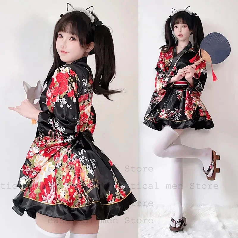 Japanese Kimono Yukata Robes Floral Printed Haori Suit Sexy Sweet Geisha Kawaii Girl Cosplay Costume Japanese Improved Kimono