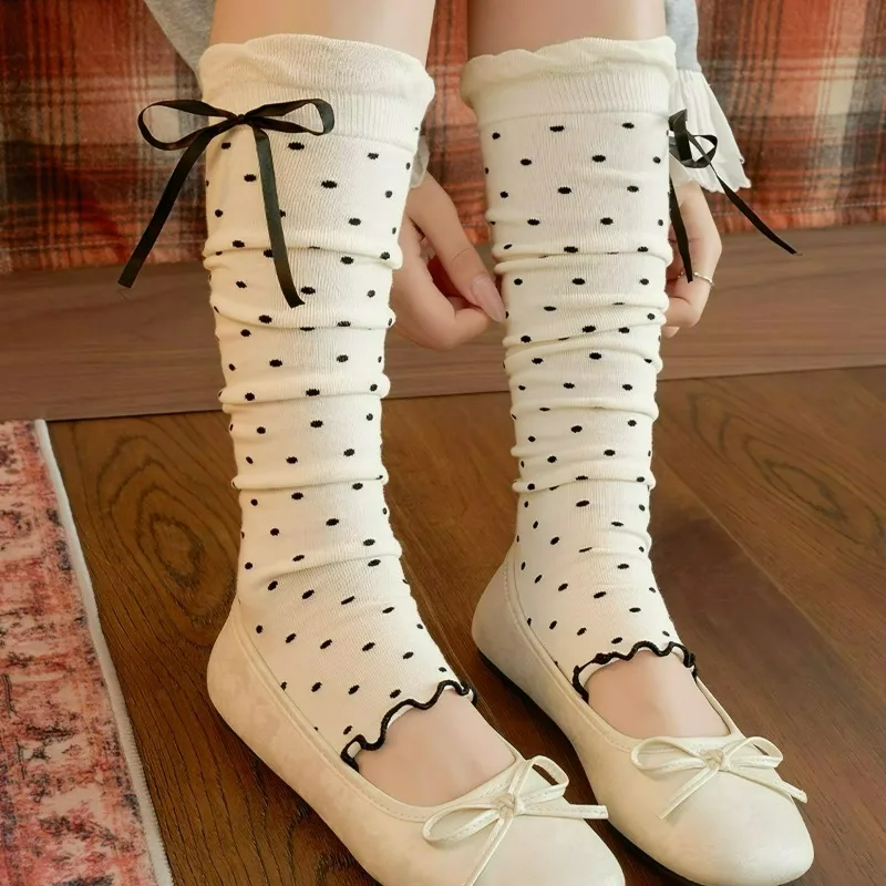 1/3Pairs Japanese Bowknot Polka Dot Leg Covers for Women Fashion Stacked Wooden Ear Edge Socks Y2K Knitted Foot Cover Knee Socks