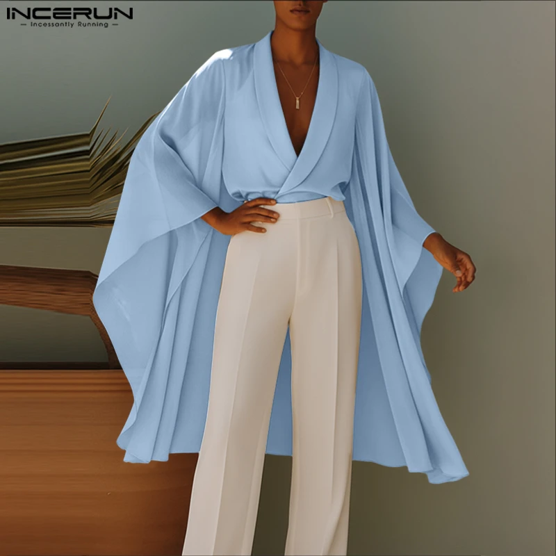 INCERUN الرجال قميص بلون التلبيب مضيئة كم طويل فضفاض طويل نمط قمصان الرجال الشارع الشهير موضة ملابس الرجال غير رسمية S-5XL