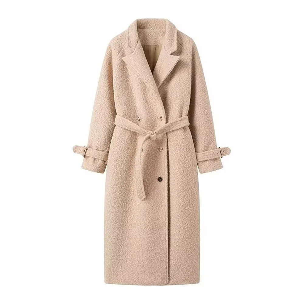 

Autumn and winter new women's clothing style elegant and simple daily double breasted long sleeved looped woolen coat