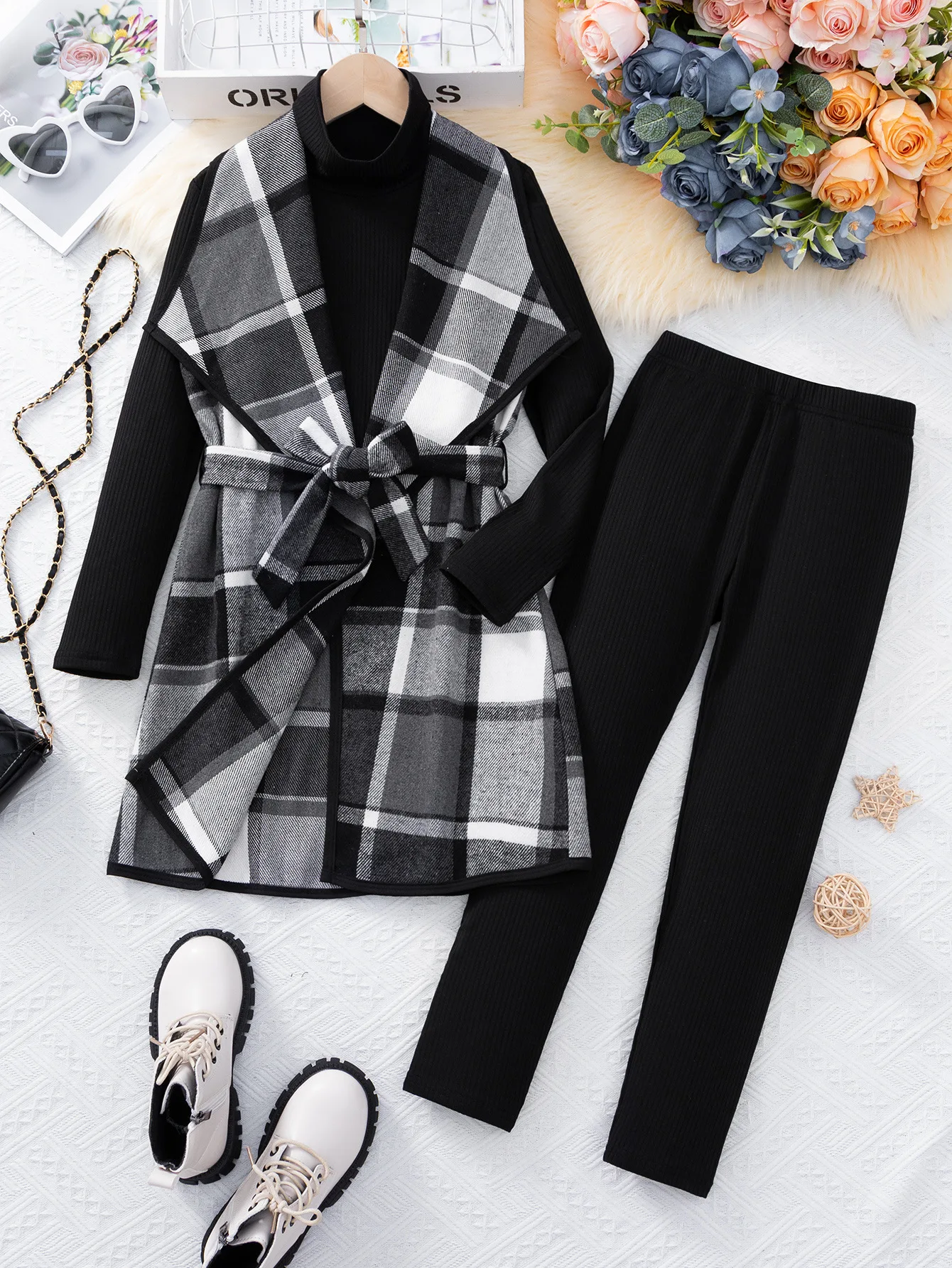 

2024 Clothing Set Girls Long Sleeve Plaid Sashes Dress Black Pants Cute 2 Pcs Sets Casual Girls Clothes Set 8-12T