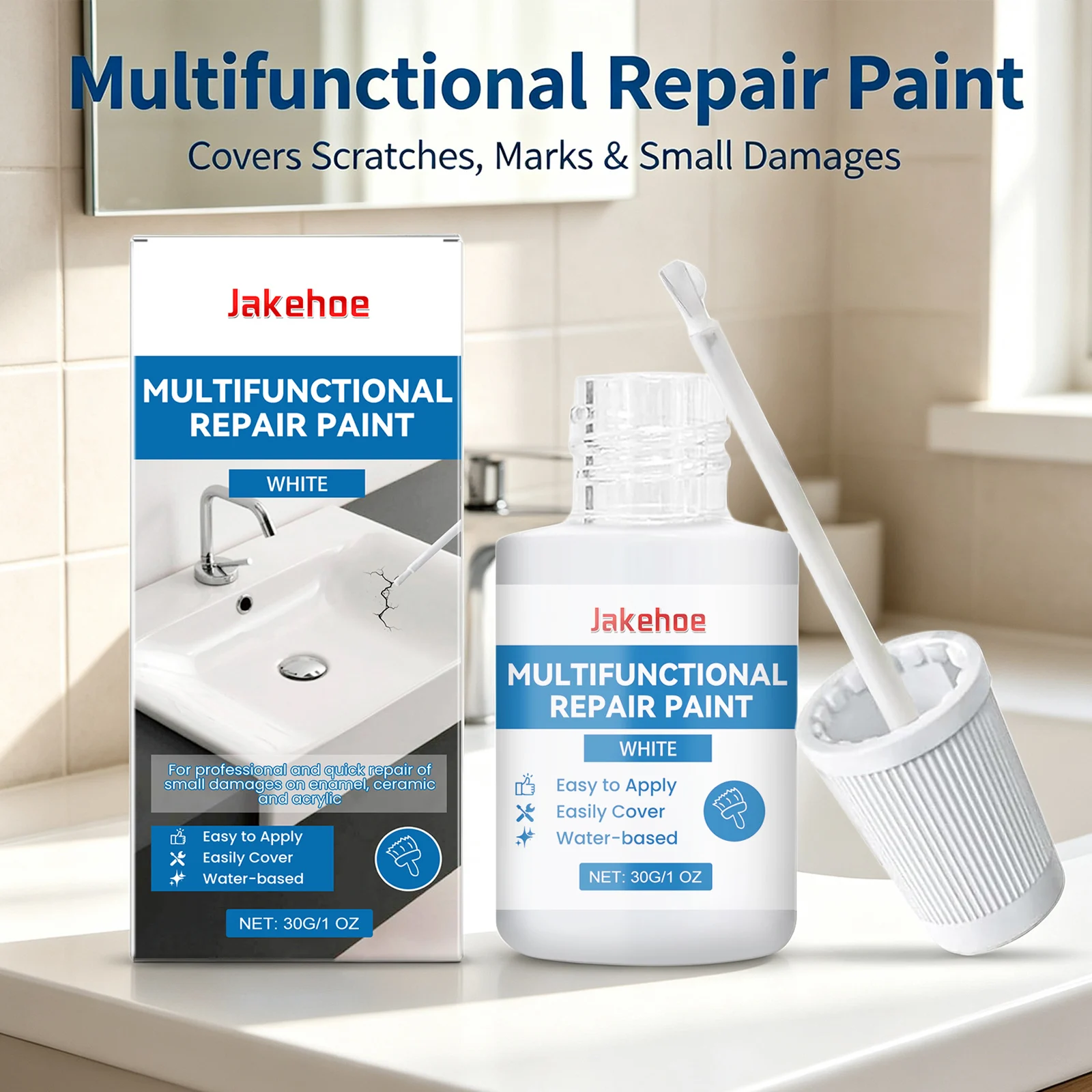 Jakehoe Multifunctional Repair Paint Cover Scratche Crack Blemishes Waterproof Easy to Apply Water‑based White Tile Repair Paint