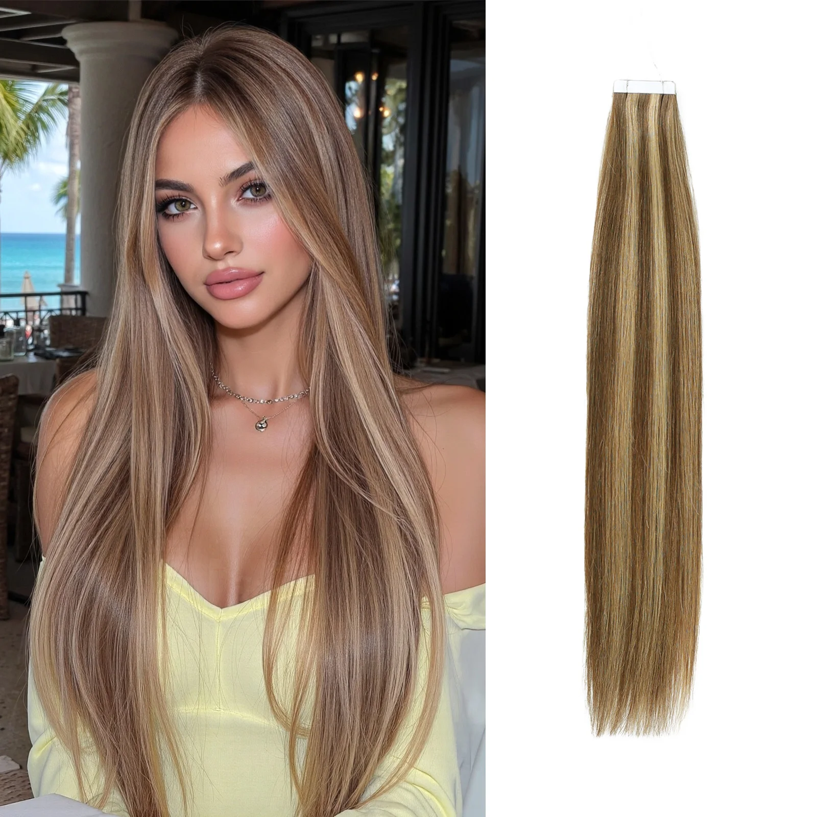 Tape In Human Hair Extensions Brown Highlight Straight 12-22Inch 50g/pack 100% Remy Human Hair Seamless Skin Weft For Women
