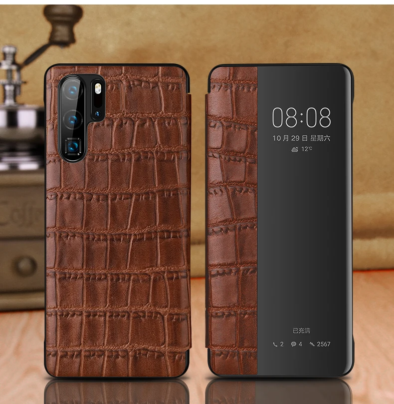 Imagem -02 - para Huawei P30 Couro Genuíno Crocodilo Padrão Ímã Case do Telefone para Huawei P30 Pro Flip Capa Carteira Inteligente Janela Case