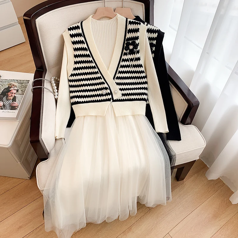 

2023 New Autumn Two Pieces Sets Womens Outfits Ladies Elegant Knitted Stripe Vest And Long Sleeve Mesh Patchwork Dress Set