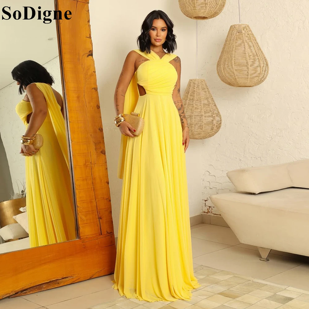 

SoDigne Elegant Yellow Chiffon Evening Dresses A-Line Halter Pleated Backless Party Dress Saudi Arabia Prom Gowns Customized