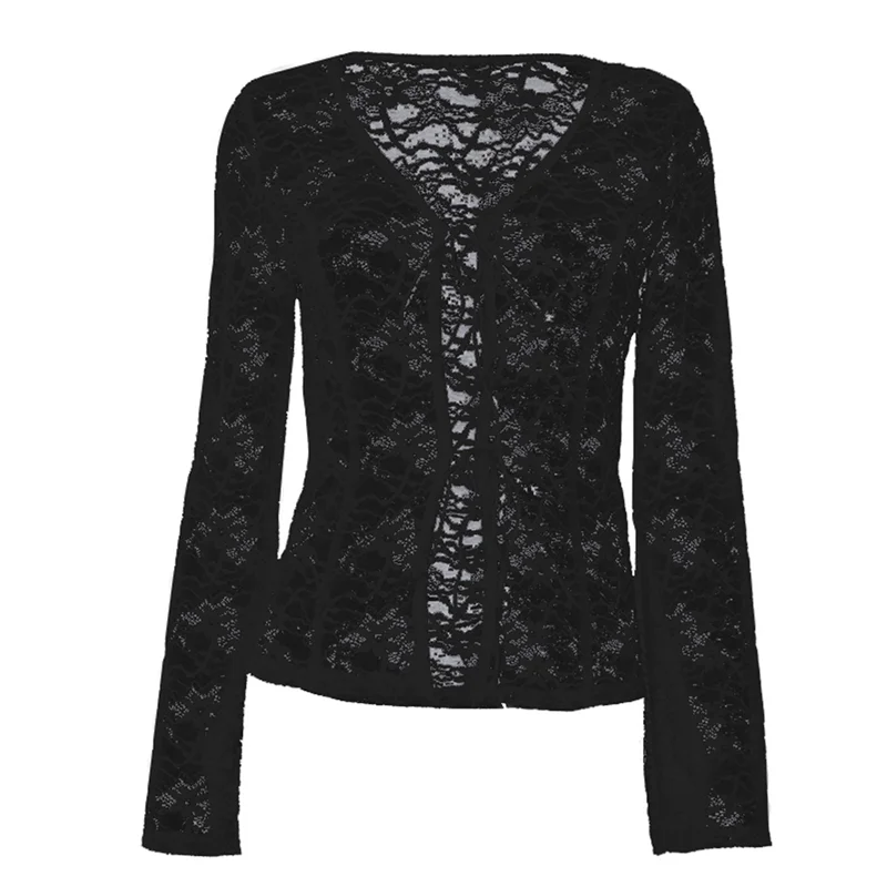 

Women's Tie Front Tops Sheer Mesh Bell Long Sleeve Blouse Shirt Crop Top-A55G