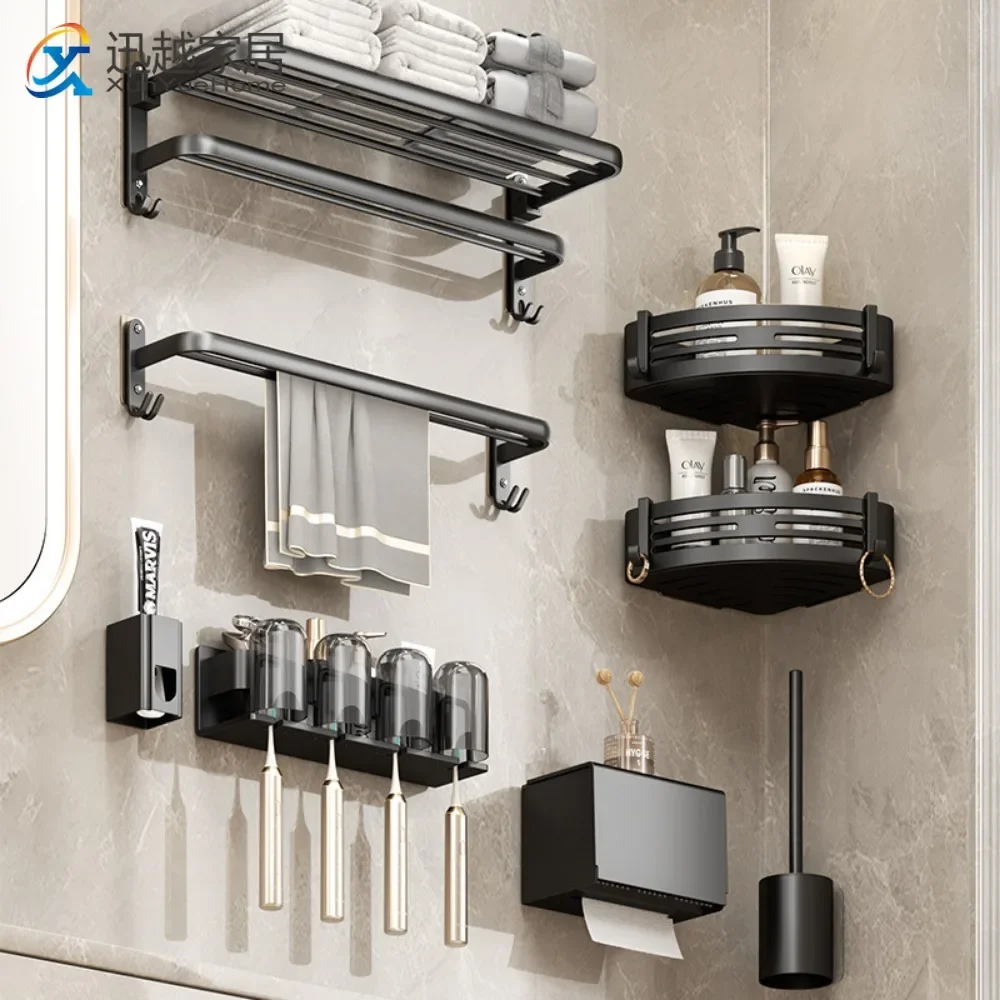 

Towel Rack Holder Self-Adhesive Fold Movable Hook Hanger Wall 40-60CM Bathroom Black Aluminum Shower Bar Rail Toilet Shelves