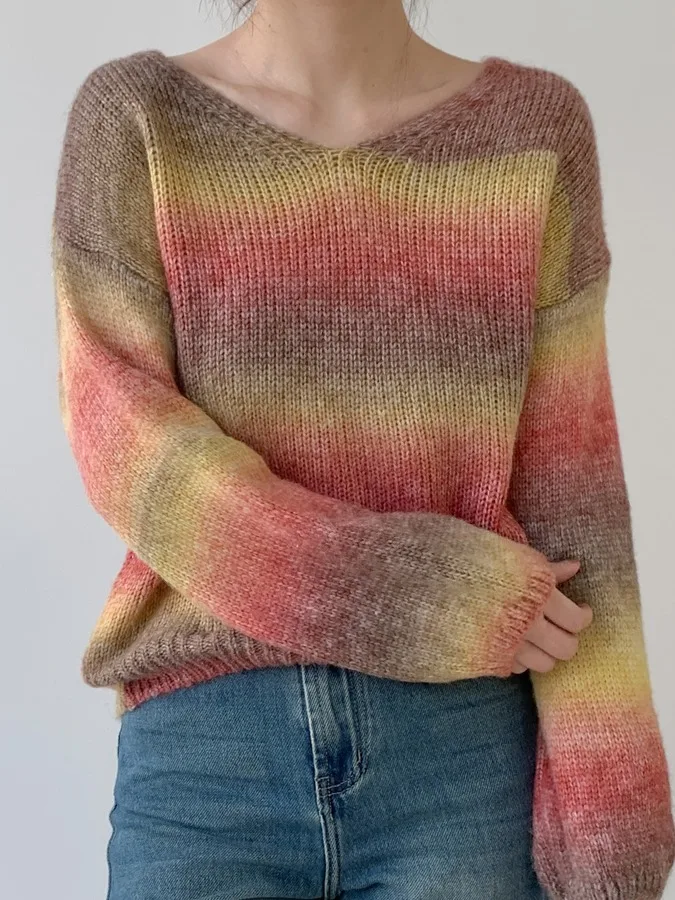 Laid-ba Sle V-ne Knitwear Women's Faion Autumn New Casual Hand Knitted Outerwear Personali Top Color Blo Design