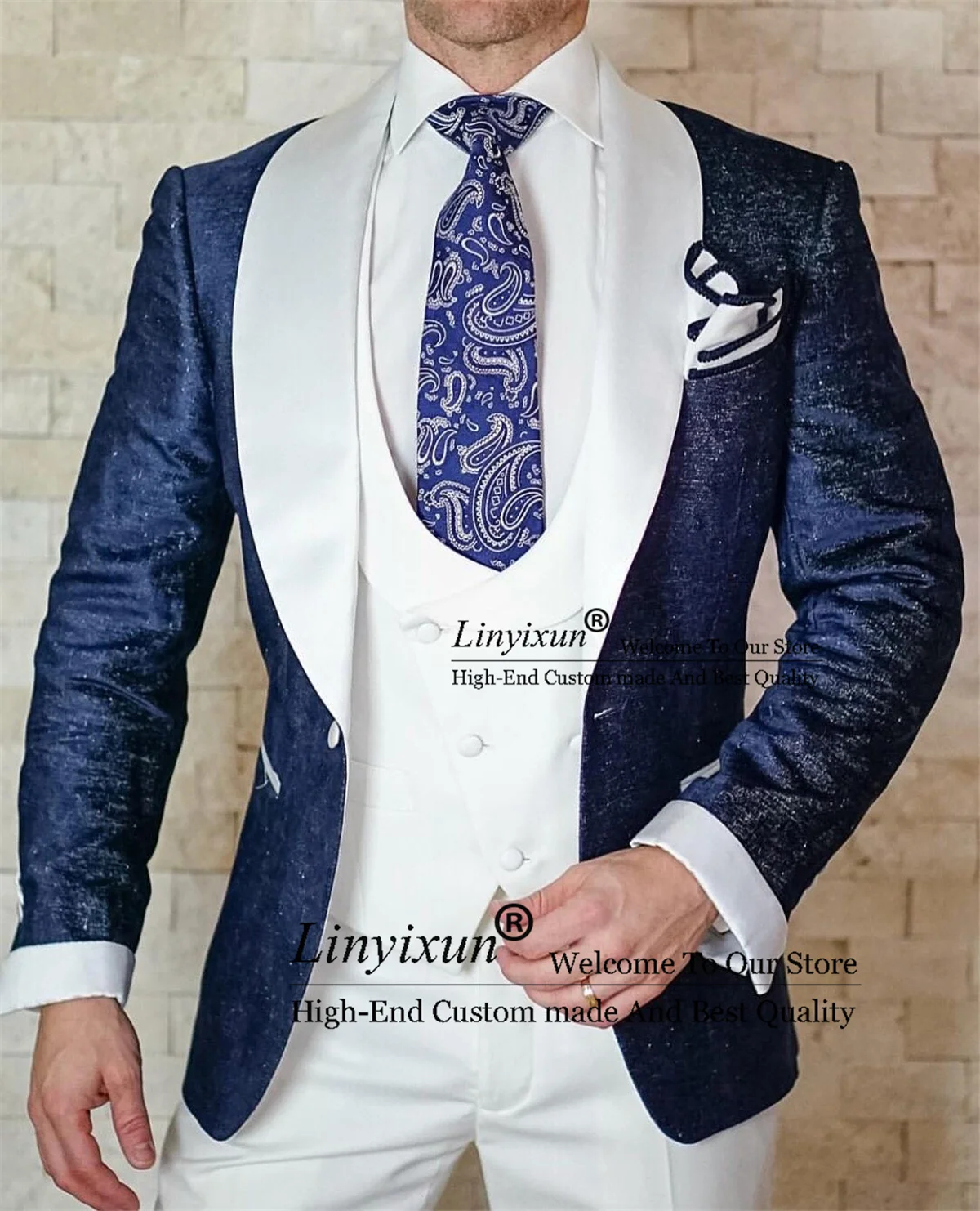 Shiny Navy Blue Men Suits Slim Fit 3 Piece Jacket Vest Pants Set Wedding Groom Tuxedos Formal Business Male Blazer Costume Homme