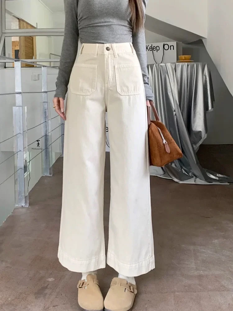 

Fashion Street Solid Color Slim Women Jeans Casual Loose Apricot Straight Pants Female Chicly New Simple Basic Woman Jeans