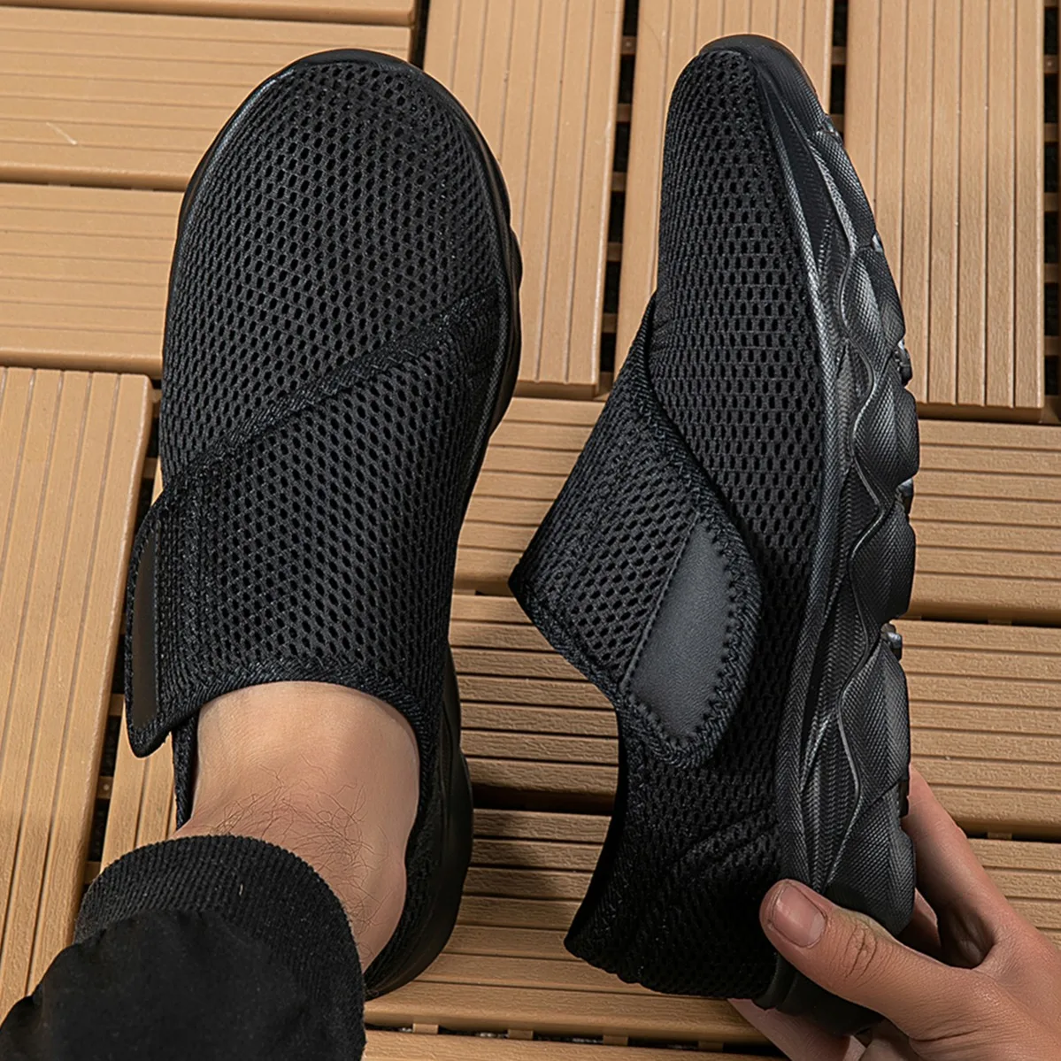 New Men Breathable Mesh Walking Shoes Adjustable Velcro Wide Toe Box Soft Sole Non-Slip Lightweight Casual Sneakers