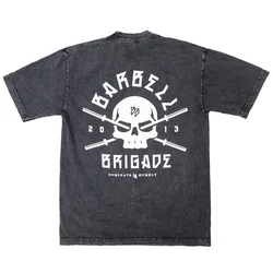 BARBELL Men's Washed Vintage T-Shirts High Street Hip Hop Retro Punk T Shirt Training Casual 100% Cotton Short Sleeve Sports Tee