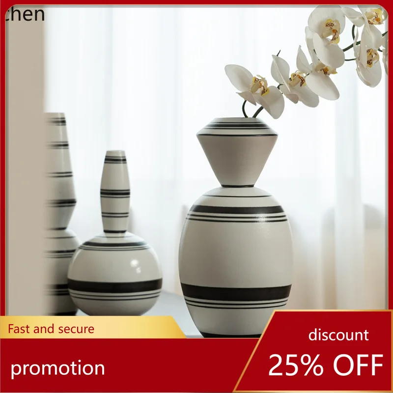 

HXL Ceramic Vase Striped Living Room Entrance Dining Table Flower Arrangement Decoration Ornament