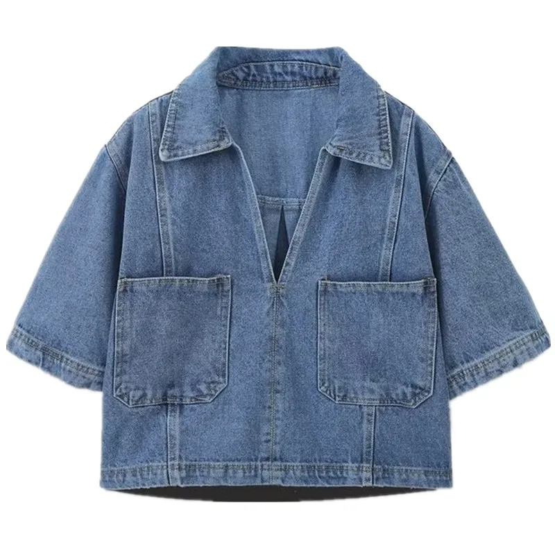 Nueva Csa Casual de Mezclilla de Manga Corta para Mujer, Verano 2024, Estilo Versátil y Moderno para el Trabajo, Corte Hol...