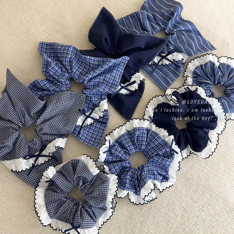 

Retro Blue Checkered Hair Ties Fabric Webbing Bow Square Headbands Womens Temperament Head Rope Female Party Accessories Fashion
