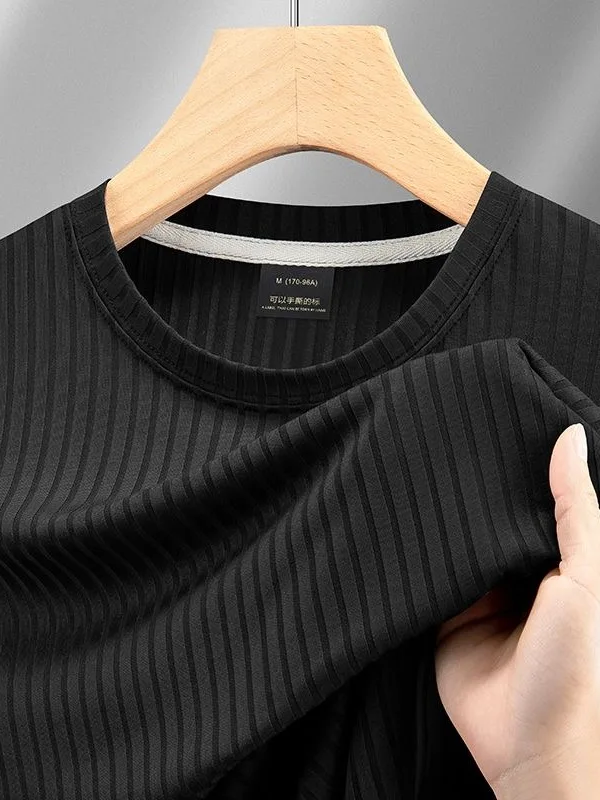 

Мужская круглая футболка Ne Knitted Stripe f Sve Ice Silk Elastic ort Sve, молодежная повседневная летняя футболка из тонкой ткани