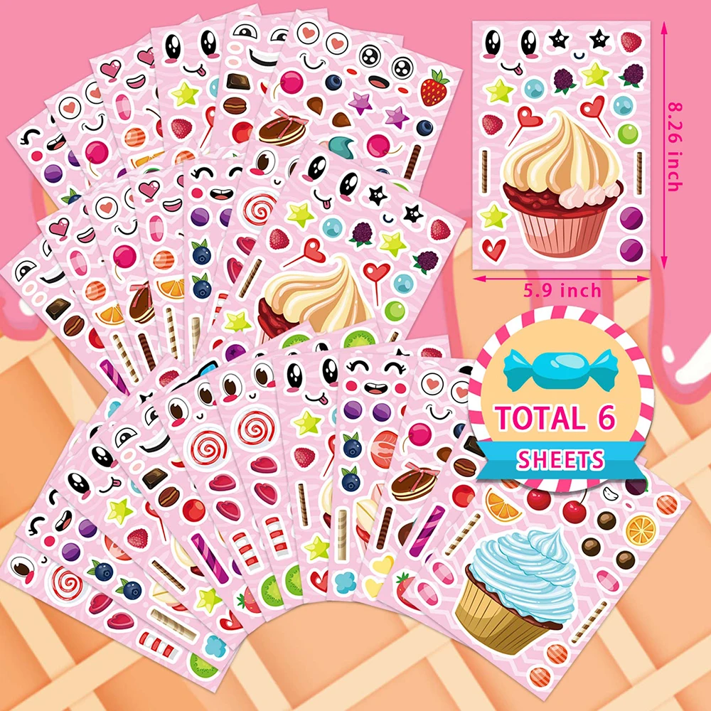 6/12Sheets Make a Cupcake Puzzle Stickers For Kids Create Your Own Dessert Children Game Boys Girls Toys Party Decoration Gifts