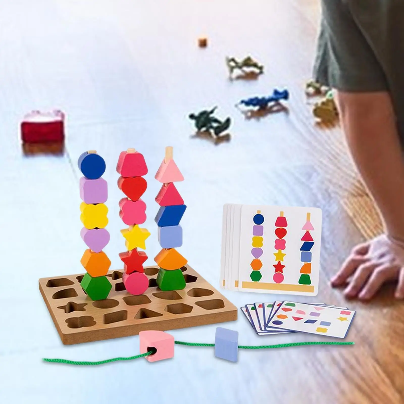 Montessori Wooden Beads Sequencing Toy Set Matching Shape Stacker Matching Stacker for 2 3 4 5 Years Old Baby Christmas Gifts