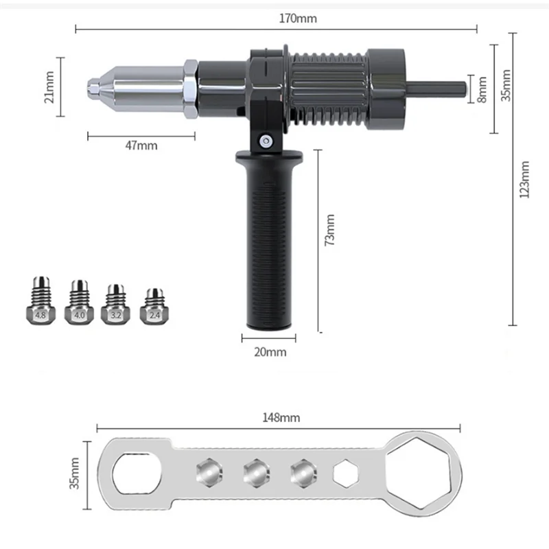 AB15-Electric Riveting Machine Adapter With 2.4/3.2/4.0/4.8 Mm Diameter Rivet Head Drill And Handle Wrench Rivet Tool.