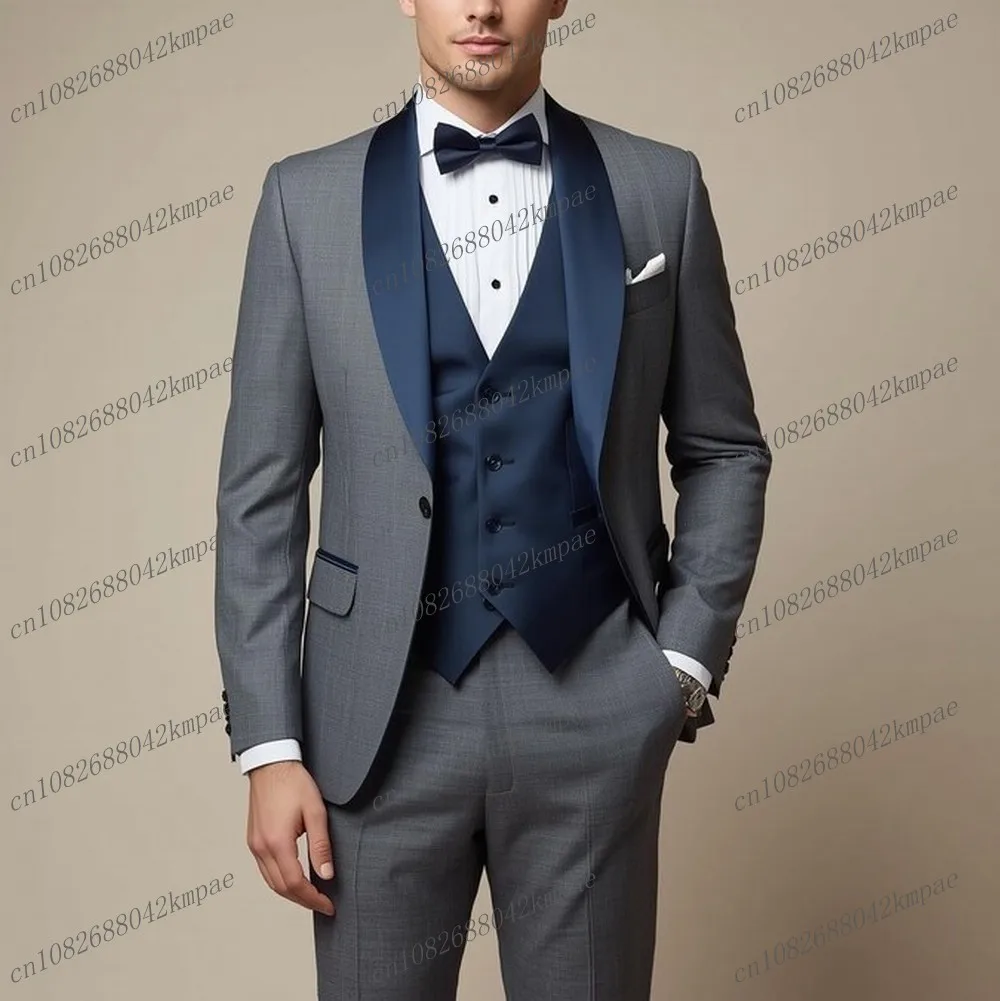 

New Grey And Dark Blue Formal Men Suit Groom Groomsman Wedding Party Prom Business Male Tuxedos 3 Piece Set Blazer Vest Pants
