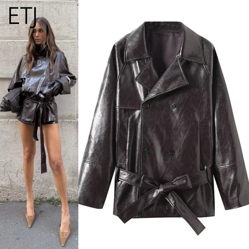 

ETJ 2025 модный женский новый продукт Y2K глянцевая искусственная кожа с лацканами и длинными рукавами, короткий плащ, крутое кожаное повседневное пальто