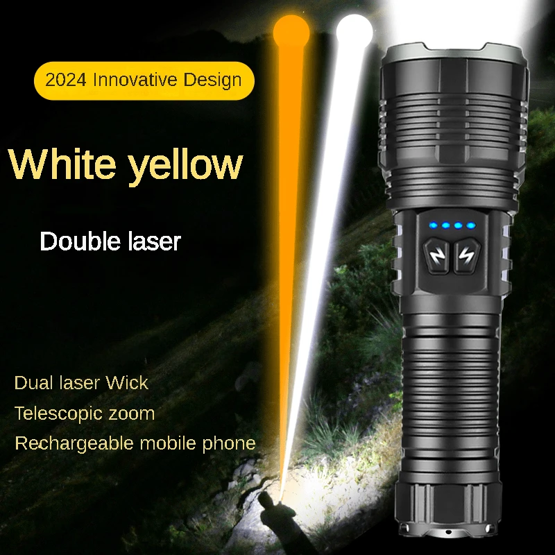 Senter led daya tinggi cahaya kuning putih, senter laser dapat diperbesar, lentera isi ulang untuk berkemah berburu